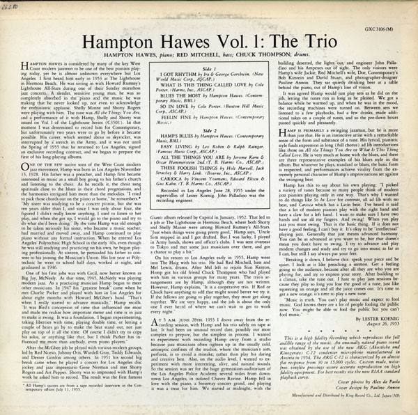 Hampton Hawes Trio - Hampton Hawes Trio, Vol. 1 (LP, Album, Mono, RE) - 画像 (2)
