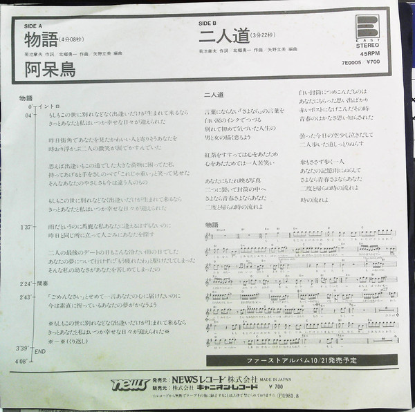 阿呆鳥 - 物語 (7") - 画像 (2)